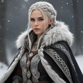 Viking warrior queen with braided silver hair and a fur-lined cloak, Highly Detailed, Half Body, Gorgeous, Stunning, Elegant by WLOP