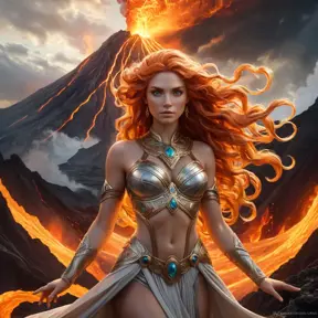 A mythological goddess with flowing, fiery locks and eyes that burn with inner power, standing in front of a roaring volcano, with light and lava swirling around her, Highly Detailed, Half Body, Gorgeous, Stunning, Elegant by Greg Rutkowski