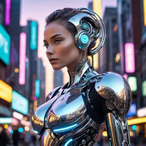 A futuristic cyborg with gleaming silver limbs and a radiant, iridescent aura, set against a backdrop of neon-lit cityscapes, Highly Detailed, Half Body, Gorgeous, Stunning, Elegant by Stefan Kostic