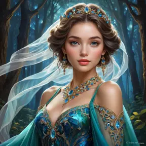 A woman whose beauty transcends time, draped in a gown that reflects the kaleidoscope of colors found in an enchanted forest, her skin glowing with the soft luminescence of moonlight, her eyes holding secrets as old as nature itself., Highly Detailed, Half Body, Gorgeous, Stunning, Elegant by Stanley Artgerm Lau