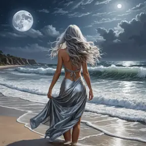 A woman standing on a moonlit beach, with her long, silver hair flowing behind her, as the waves crash against the shore, Highly Detailed, Half Body, Gorgeous, Stunning, Elegant by Greg Rutkowski