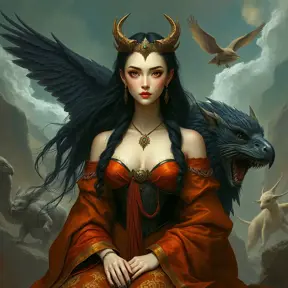 A regal queen of an uncharted land, with hair as dark as the raven's wing and eyes that hold the wisdom of the ages, her attire a tapestry of the earth's rich palette, surrounded by creatures of myth and legend., Highly Detailed, Half Body, Gorgeous, Stunning, Elegant by Stanley Artgerm Lau