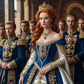 A regal queen with porcelain skin and fiery red locks, adorned in a gown of shimmering gold and sapphire, surrounded by a retinue of loyal courtiers, Highly Detailed, Half Body, Gorgeous, Stunning, Elegant by Stefan Kostic