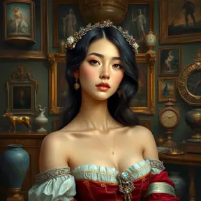 An embodiment of renaissance beauty, painted with colors that blend the Renaissance era's elegance and modern artistry, her expression one of thoughtful contemplation amidst an ornate studio filled with artifacts of the past., Highly Detailed, Half Body, Gorgeous, Stunning, Elegant by Stanley Artgerm Lau