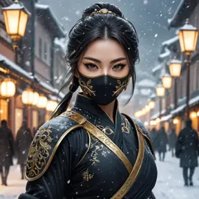 Wallpaper of a mysterious beautiful masked kunoichi ninja wearing eyeliner and gold jewelry in the streets of a dark snowy town in moscow, fluid motion, 8k, Intricate Details, Trending on Artstation, Beautiful, Stunning, Centered by Stanley Artgerm Lau, WLOP