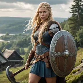 A Viking shieldmaiden with long, wild blonde hair and a fierce battle-axe, standing on the edge of a forest, with a village in the background, Highly Detailed, Half Body, Gorgeous, Stunning, Elegant by Greg Rutkowski