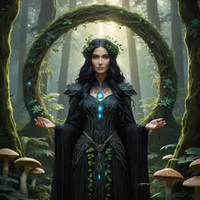 A mystical druid with leaves and vines woven into her raven-black hair, standing amidst a lush, ancient forest, surrounded by a circle of glowing, ethereal mushrooms, Highly Detailed, Half Body, Gorgeous, Stunning, Elegant by Stefan Kostic