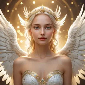 A celestial being with wings of pure white and eyes like stars, floating amidst a halo of soft, golden light, Highly Detailed, Half Body, Gorgeous, Stunning, Elegant by Stefan Kostic