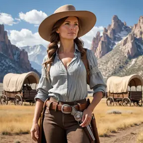 A pioneer woman in the Wild West, standing in front of a covered wagon, with a wide-brimmed hat and a holstered pistol, against a range of sweeping mountains, Highly Detailed, Half Body, Gorgeous, Stunning, Elegant by Greg Rutkowski