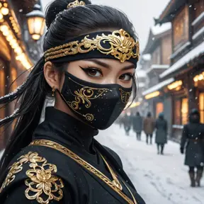 Wallpaper of a mysterious beautiful masked kunoichi ninja wearing eyeliner and gold jewelry in the streets of a dark snowy town in moscow, fluid motion, 8k, Intricate Details, Trending on Artstation, Beautiful, Stunning, Centered by Stanley Artgerm Lau, WLOP