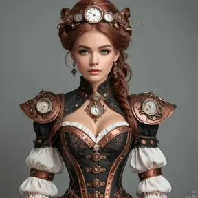 Steampunk enchantress with copper accents and a timepiece-adorned corset, Highly Detailed, Half Body, Gorgeous, Stunning, Elegant by WLOP