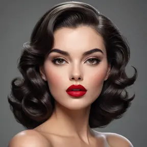 a confident, 1950s-style femme fatale with bold, crimson lips and a sultry gaze