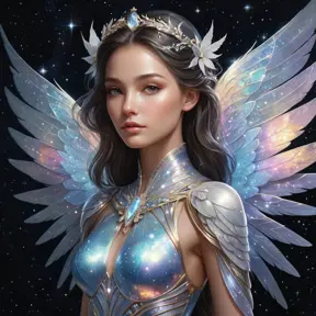 a celestial being with radiant, shimmering skin and delicate iridescent wings, surrounded by stardust