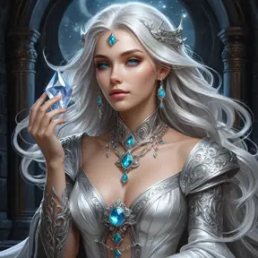 a mystical, moonlit sorceress with an enchanted crystal amulet and flowing silver locks