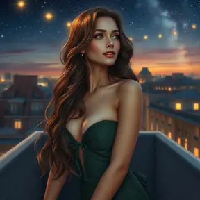 A captivating woman with long, wavy hair, gazing at the stars from a rooftop garden