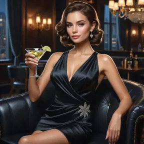 A sophisticated woman in a black cocktail dress, sipping a martini in a dimly lit lounge