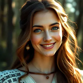 A radiant woman with piercing blue eyes, smiling warmly in a serene forest setting