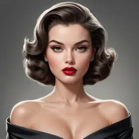 a confident, 1950s-style femme fatale with bold, crimson lips and a sultry gaze