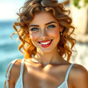 a bright, sun-kissed Mediterranean goddess with luscious, curly hair and a warm, inviting smile