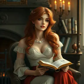 A mesmerizing woman with fiery red hair, sitting by a cozy fireplace with a book