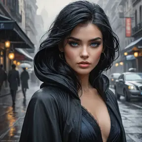 A mysterious and alluring femme fatale with piercing sapphire eyes and raven-black hair, shrouded in smoke and shadows on a rain-soaked city street