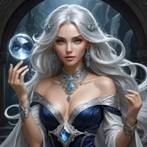 a mystical, moonlit sorceress with an enchanted crystal amulet and flowing silver locks