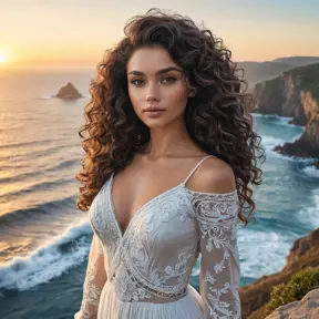 A breathtaking woman with curly dark hair, standing on a cliff overlooking the ocean at sunrise