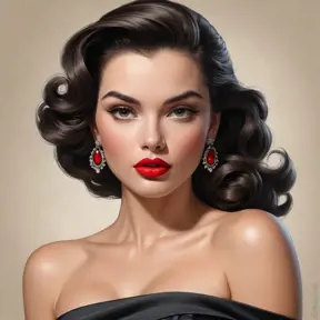 a confident, 1950s-style femme fatale with bold, crimson lips and a sultry gaze