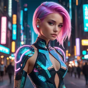 Futuristic cyber-princess with neon hair and glowing tattoos, wearing a holographic dress in a neon-lit megacity