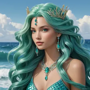 A mermaid queen with long, cascading seafoam green hair that frames her delicate face and cascades around her in soft waves, dressed in a regal trident necklace and shimmering ocean-blue tail feathers.