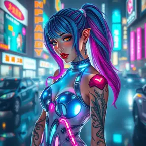 Futuristic cyber-princess with neon hair and glowing tattoos, wearing a holographic dress in a neon-lit megacity