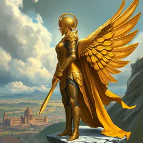 A valkyrie with golden armor and a majestic winged helmet, standing on a cliff overlooking a battlefield