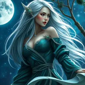 A captivating fantasy woman with long, flowing silver hair that cascades down her back like moonlight captured in silk, wearing intricate, shimmering robes of deep emerald green, set against a backdrop of starlit skies.