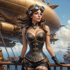 Steampunk princess in a brass and leather corset, goggles atop her head, standing on the deck of a floating airship city