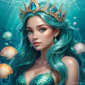 Mermaid queen with iridescent scales and seashell crown, emerging from turquoise waters surrounded by bioluminescent sea creatures