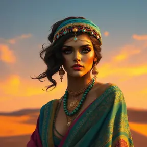 Desert queen with sun-kissed skin and kohl-rimmed eyes, adorned in jewel-toned silks and gold, atop a sand dune at sunset