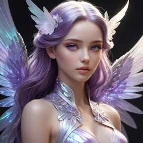 An ethereal fantasy heroine with delicate wings made of iridescent material, glowing with an inner light that casts shadows across her porcelain skin and highlights her striking violet eyes.