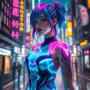 Futuristic cyber-princess with neon hair and glowing tattoos, wearing a holographic dress in a neon-lit megacity