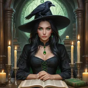 A witch with raven hair and piercing green eyes, surrounded by floating candles and ancient tomes