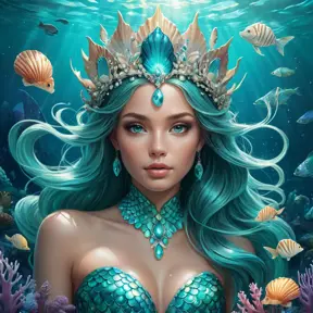 Mermaid queen with iridescent scales and seashell crown, emerging from turquoise waters surrounded by bioluminescent sea creatures