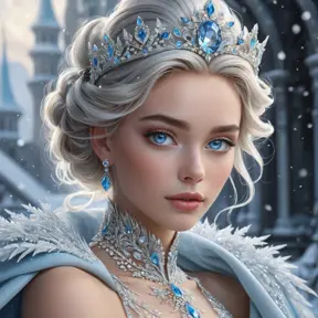 Regal ice queen with piercing blue eyes and frost-tipped hair, wearing a crystalline crown and a gown of swirling snowflakes