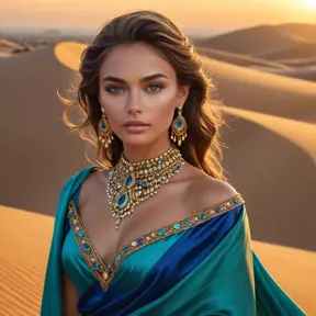 Desert queen with sun-kissed skin and kohl-rimmed eyes, adorned in jewel-toned silks and gold, atop a sand dune at sunset