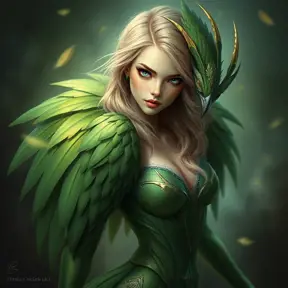 A mythical creature of legend, half-human, half-bird, with stunning green plumage and striking blue eyes, surrounded by a mystical aura that makes her appear almost otherworldly.