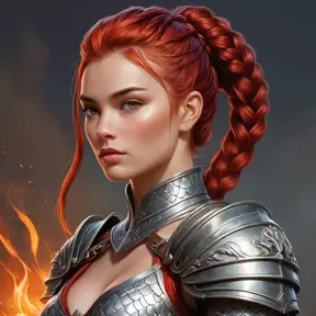 A warrior woman from a forgotten realm, clad in gleaming armor crafted from the scales of mythical beasts, her hair tied back in a fierce braid, with fiery red streaks running through it, facing forward with determination etched on her face.