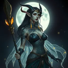 A dark elf queen with intricate tattoos glowing in the moonlight, holding a crystal staff