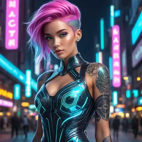 Futuristic cyber-princess with neon hair and glowing tattoos, wearing a holographic dress in a neon-lit megacity