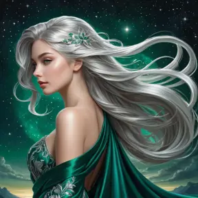 A captivating fantasy woman with long, flowing silver hair that cascades down her back like moonlight captured in silk, wearing intricate, shimmering robes of deep emerald green, set against a backdrop of starlit skies.