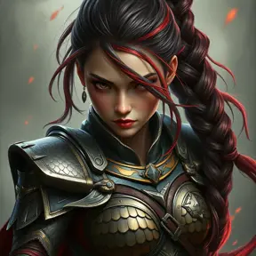 A warrior woman from a forgotten realm, clad in gleaming armor crafted from the scales of mythical beasts, her hair tied back in a fierce braid, with fiery red streaks running through it, facing forward with determination etched on her face.