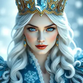 Regal ice queen with piercing blue eyes and frost-tipped hair, wearing a crystalline crown and a gown of swirling snowflakes