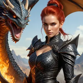 A fierce dragon rider, clad in leathers that are intricately designed to resemble the scales of a real dragon, with fiery red hair tied back defiantly, and eyes burning with inner fire.